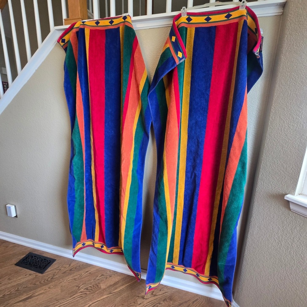 Vintage Cecil Saydah Sunbrights Apache Stripe Beach Towels 100% Cotton Set of 2 - Picture 2 of 12